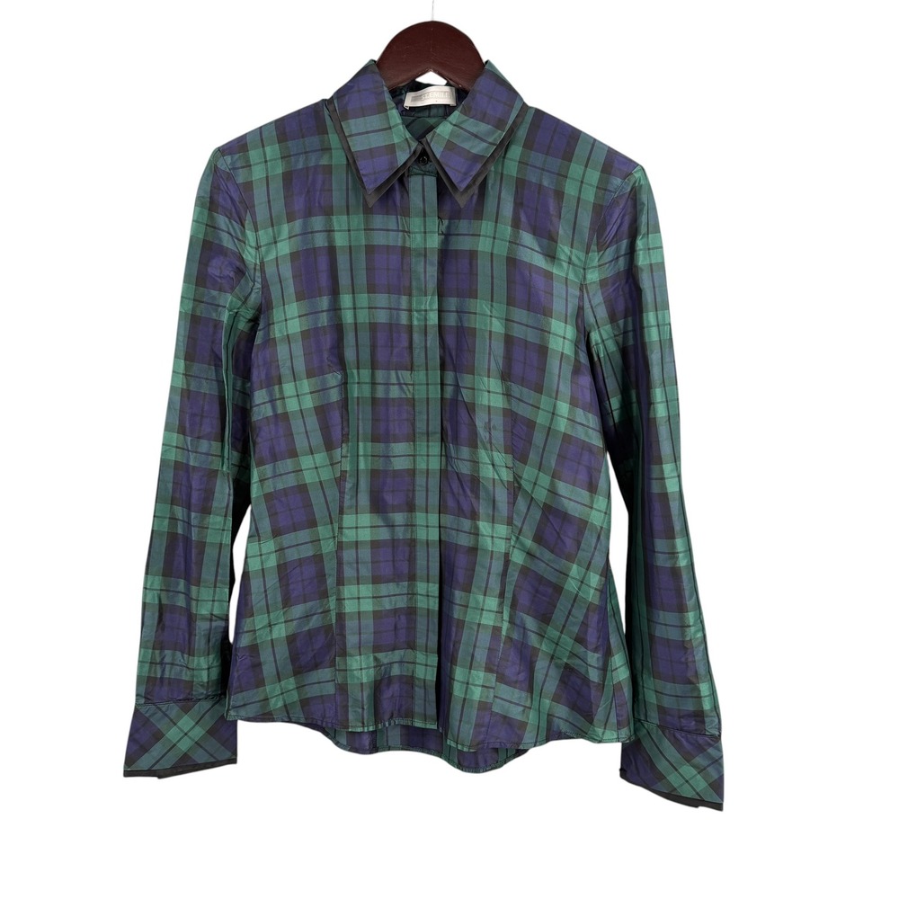 ST.EMILE Silk Plaid Button Up Shirt Size 6 Green Blue Preppy‎ Double Collar